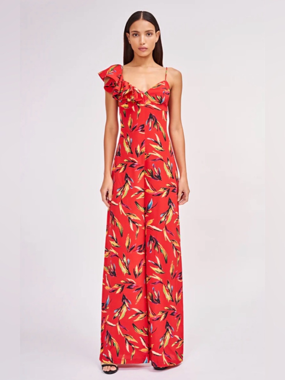 Red One-Shoulder Floral Wide-Leg Jumpsuit